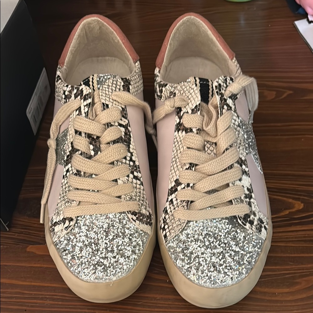 ShuShop Silver Tan Sneakers with Glitter Toe